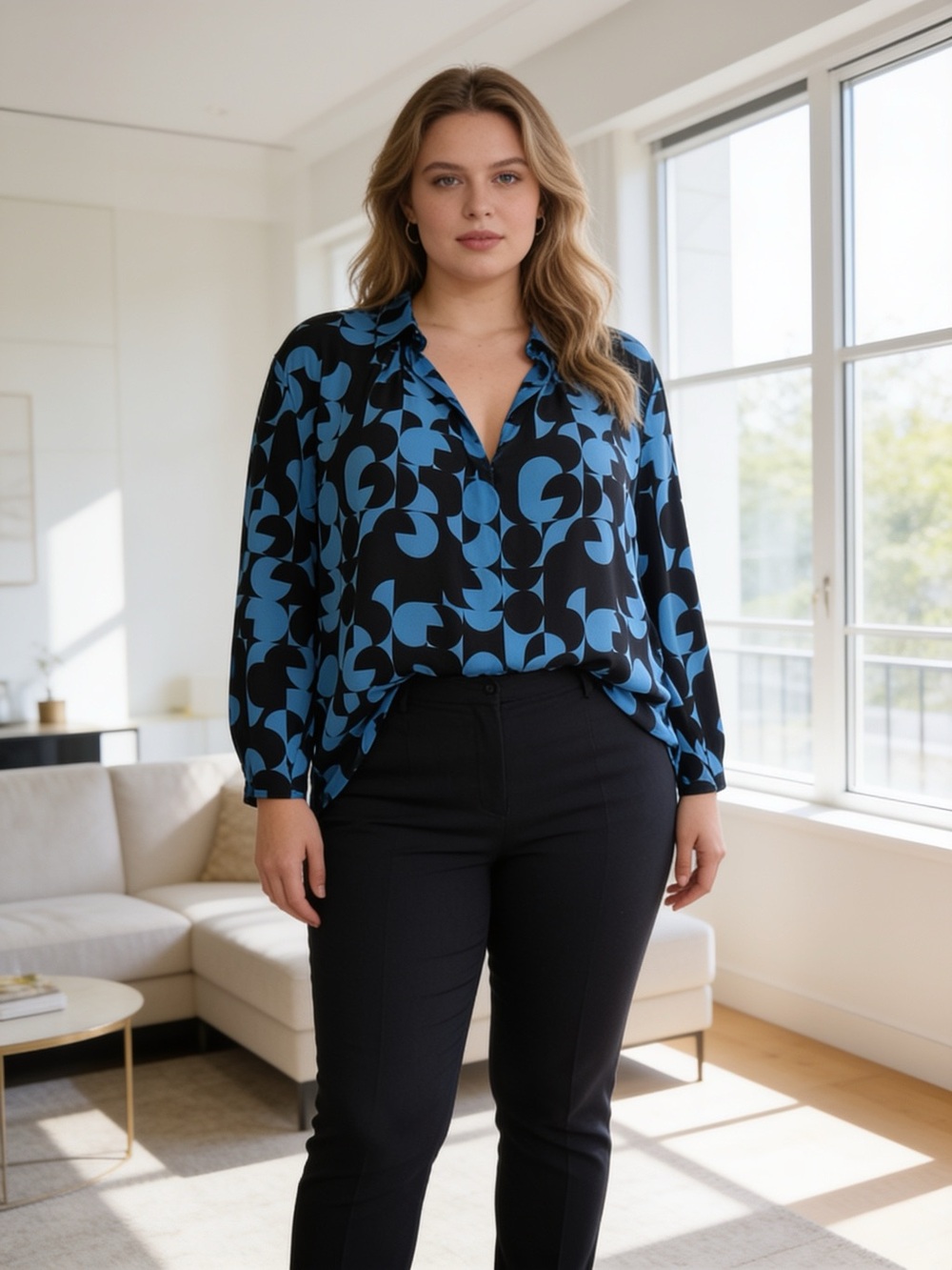 Worthington Women's Geometric Blouse Black & Blue Size 0X Like New